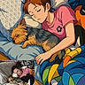 Ritzo a rejoint le concours — aidez-le/la à gagner de superbes lots ! animal, art, bedroom, blanket, cartoon_style, colorful, companion, couch, cozy, dog, girl, human, illustration, indoor, nap, pet, pillow, relaxation, rest, sleeping