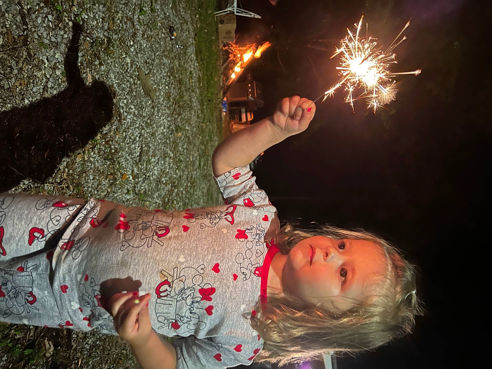 Emalee is registered to the contest to win money with this photo: black, event, fire, fireworks, flash_photography, fun, gesture, grass, happy, heat, holiday, human, light, new_year, party_supply, people_in_nature, person, photograph, snapshot, toddler
