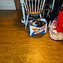 cat, calico_cat, paper_bag, wooden_floor, chair, shoes, table, indoor, household_items, bag, floor, furniture, pet, cozy, domestic, calico, animal, resting, curious, colorful