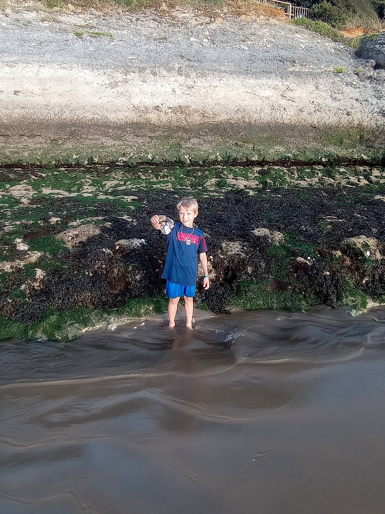 Camerone participe au concours pour gagner de l'argent avec cette photo : asphalt, barefoot, fun, grass, landscape, leisure, mammal, people_in_nature, person, plant, recreation, road, sand, shore, shorts, sunlight, t_shirt, toddler, water, water_resources