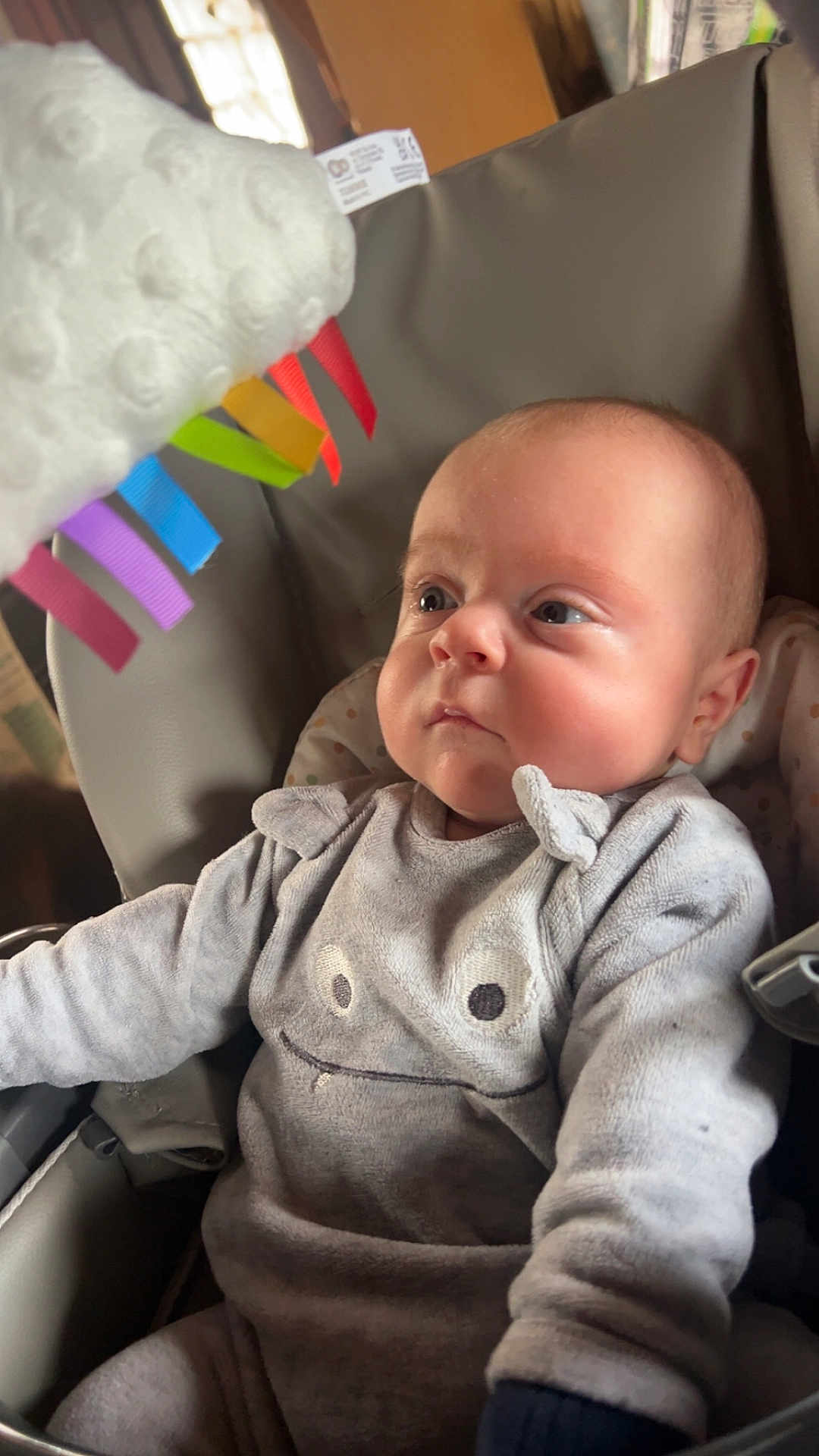 Lyvio a rejoint le concours — aidez-le/la à gagner de superbes lots ! baby, infant, child, car_seat, baby_seat, onesie, clothing, toy, colorful_ribbons, plush, face, eyes, cheeks, gaze, portrait, indoor, soft_lighting, closeup, buckle, neutral_expression