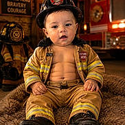 Mason is registered to the contest to win money with this photo: baby, child, firefighter, firefighter_hat, firefighter_jacket, fire_truck, fire_gear, boots, cute, portrait, indoor, bravery, courage, future_hero, smiling, sitting, fluffy_rug, person, young_child, costume