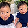 Mason is registered to the contest to win money with this photo: baby, child, infant, portrait, twins_like, split_screen, smiling, serious_expression, navy_clothing, dark_hair, brown_eyes, sitting, blanket, outdoor, greenery, plants, cushion, close_up, facial_expression, photography