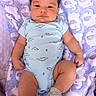 baby, infant, onesie, blue_clothing, blanket, fluffy_blanket, purple_blanket, white_blanket, cute_baby, smiling_baby, child, baby_face, baby_legs, baby_arms, socks, dinosaur_pattern, lying_down, indoor, soft_texture, relaxed