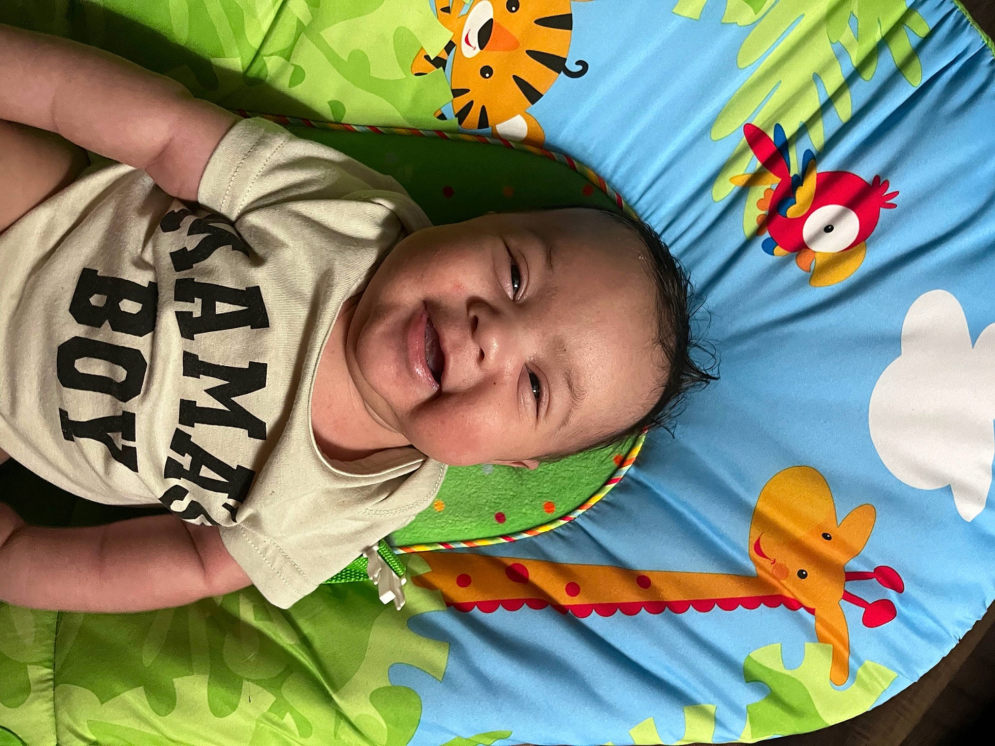Harlow is registered to the contest to win money with this photo: baby, baby_products, baby_toddler_clothing, child, elbow, eye, fun, happy, head, leisure, linens, nap_mat, orange, pattern, people_in_nature, person, sleeve, smile, t_shirt, textile