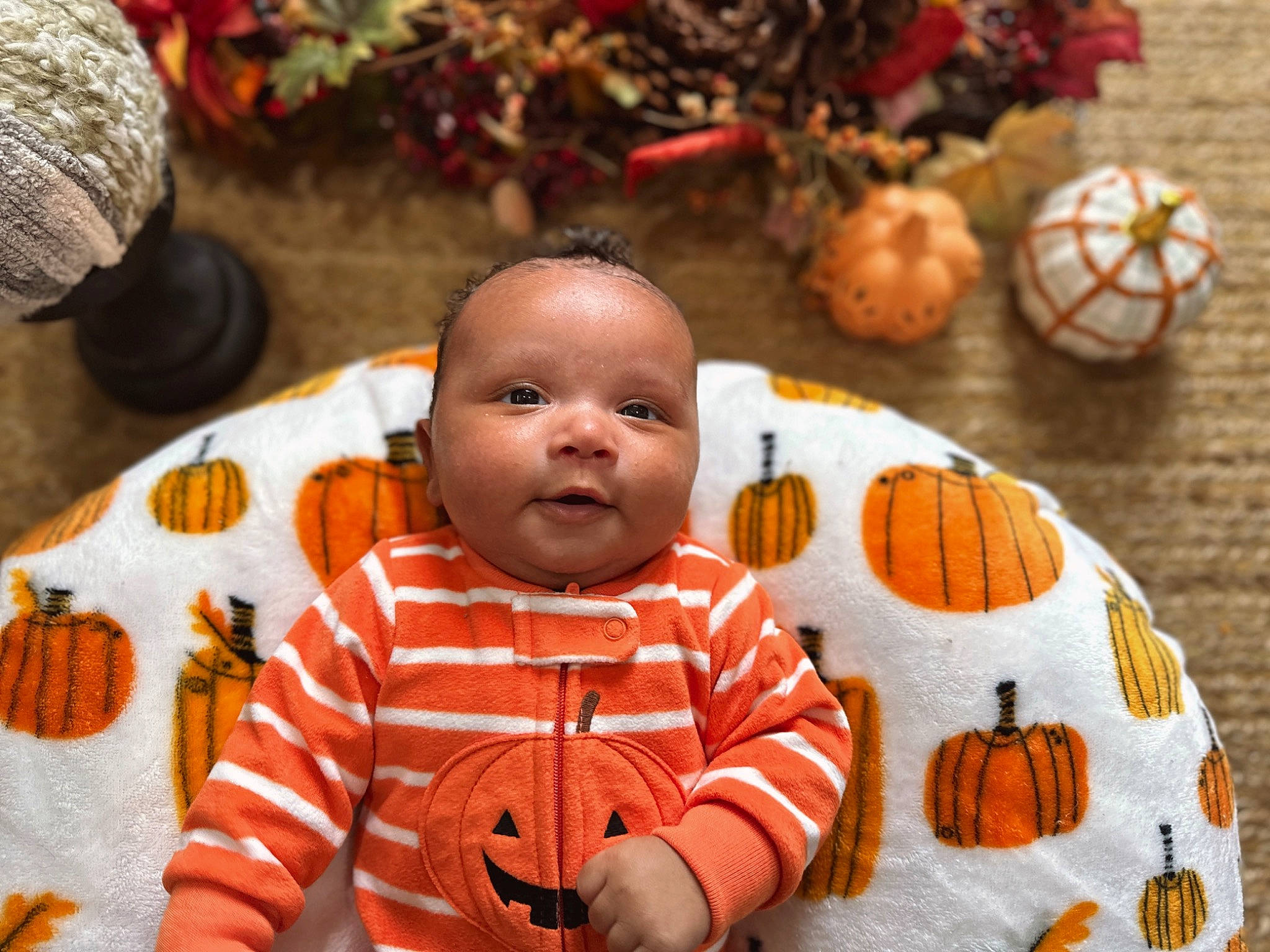 King joined the competition — help win amazing prizes! baby, baby_toddler_clothing, calabaza, child, cucurbita, eye, face, gourd, happy, head, leaf, orange, people, person, plant, pumpkin, squash, toddler, vegetable, winter_squash