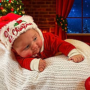 Jayden is registered to the contest to win money with this photo: baby, infant, christmas, holiday, festive, santa_hat, red_clothing, blanket, cozy, fireplace, christmas_tree, lights, winter, night, window, curious, cute, indoors, celebration, smiling