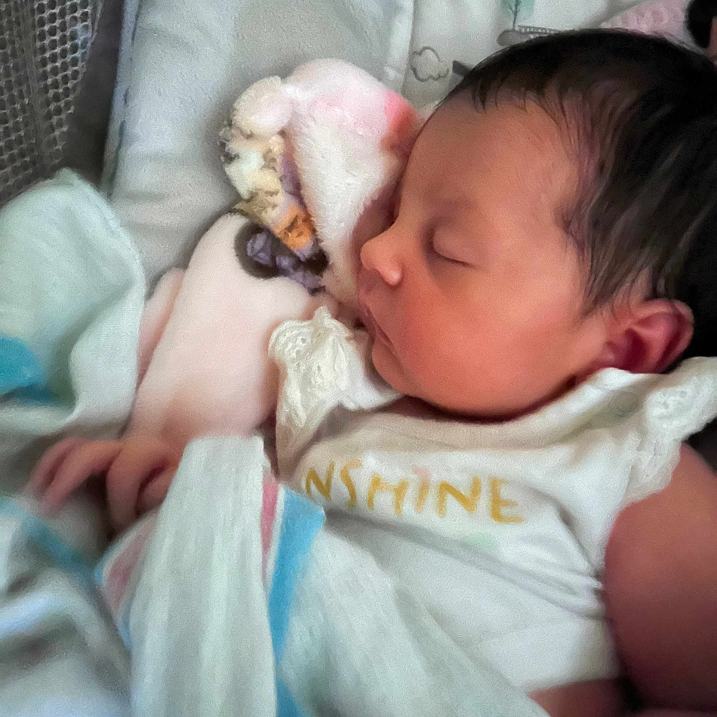 Aryanna Lott is registered to the contest to win money with this photo: newborn, baby, sleeping, infant, face, portrait, plush_toy, stuffed_animal, blanket, bedding, nursery, indoors, close_up, dark_hair, closed_eyes, peaceful, cuddling, onesie, soft_lighting, photography