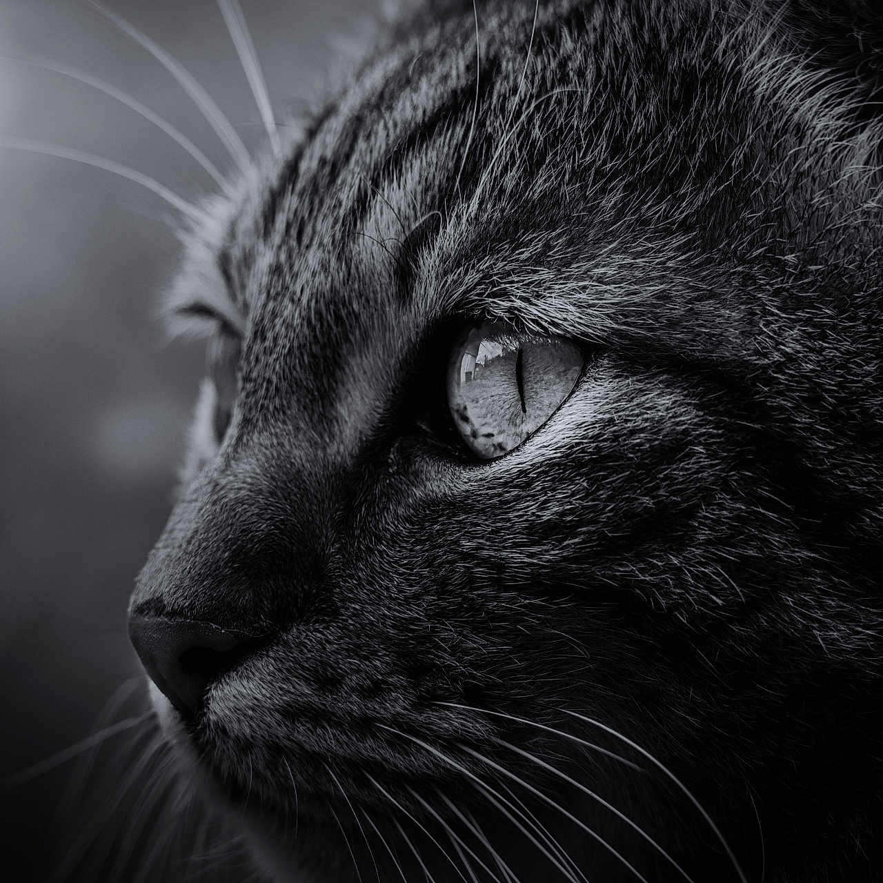 Oreo participe au concours pour gagner de l'argent avec cette photo : animal, black_and_white, cat, close_up, curious, detail, eye, feline, macro, monochrome, muzzle, nature, pet, portrait, profile, quiet, sharp_focus, soft_background, texture, whiskers