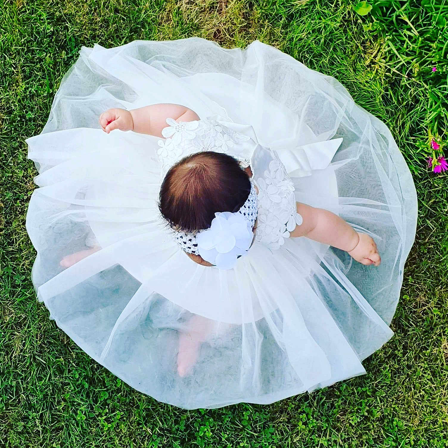 Anaé participe au concours pour gagner de l'argent avec cette photo : baby, baby_toddler_clothing, ballet_tutu, bridal_accessory, bridal_party_dress, child, clothing, costume, dress, grass, product, toddler, veil, wedding_dress