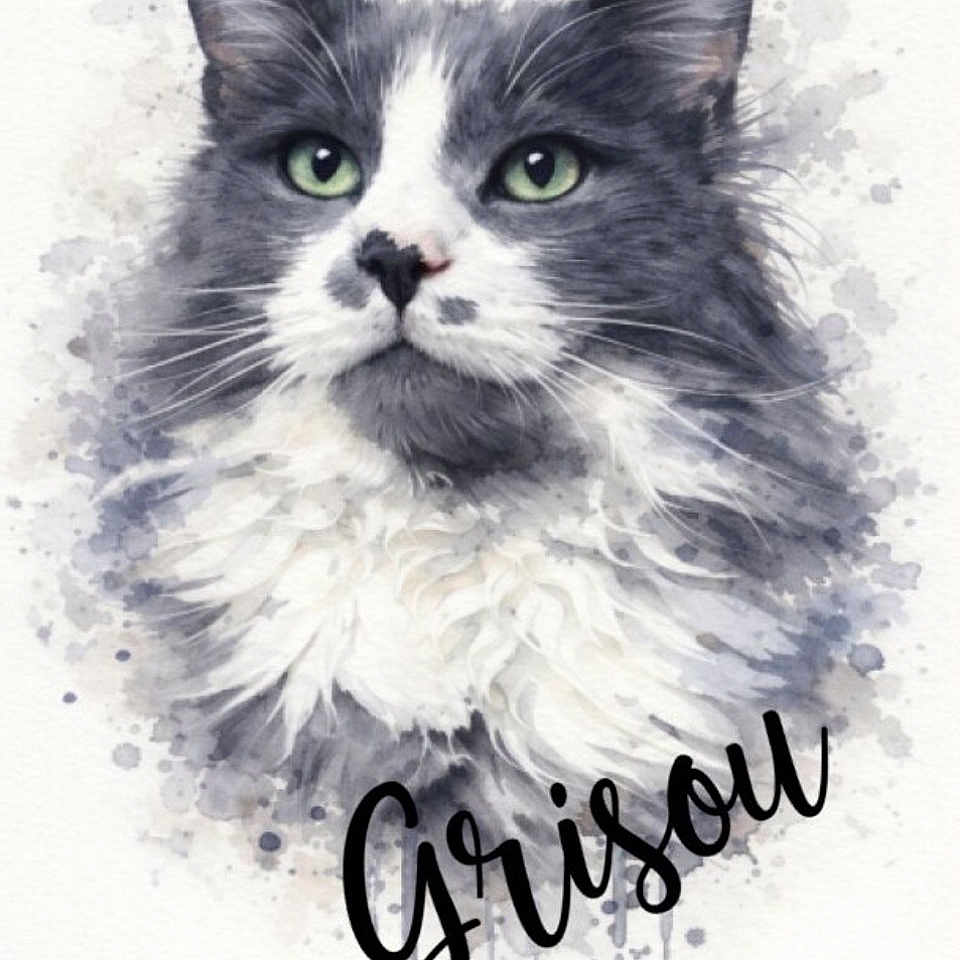 Grisou Et Blanco participe au concours pour gagner de l'argent avec cette photo : cat, watercolor, portrait, painting, fluffy, gray, white, green_eyes, art, illustration, animal, pet, whiskers, fur, face, closeup, soft_colors, background, text_overlay, name