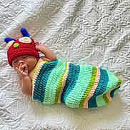 Vincent is registered to the contest to win money with this photo: baby, sleeping, crocheted, hat, red_hat, colorful_blanket, wrapped, white_quilt, texture, cozy, peaceful, infant, cute, handmade, knitted, pattern, soft, resting, newborn, lying_down