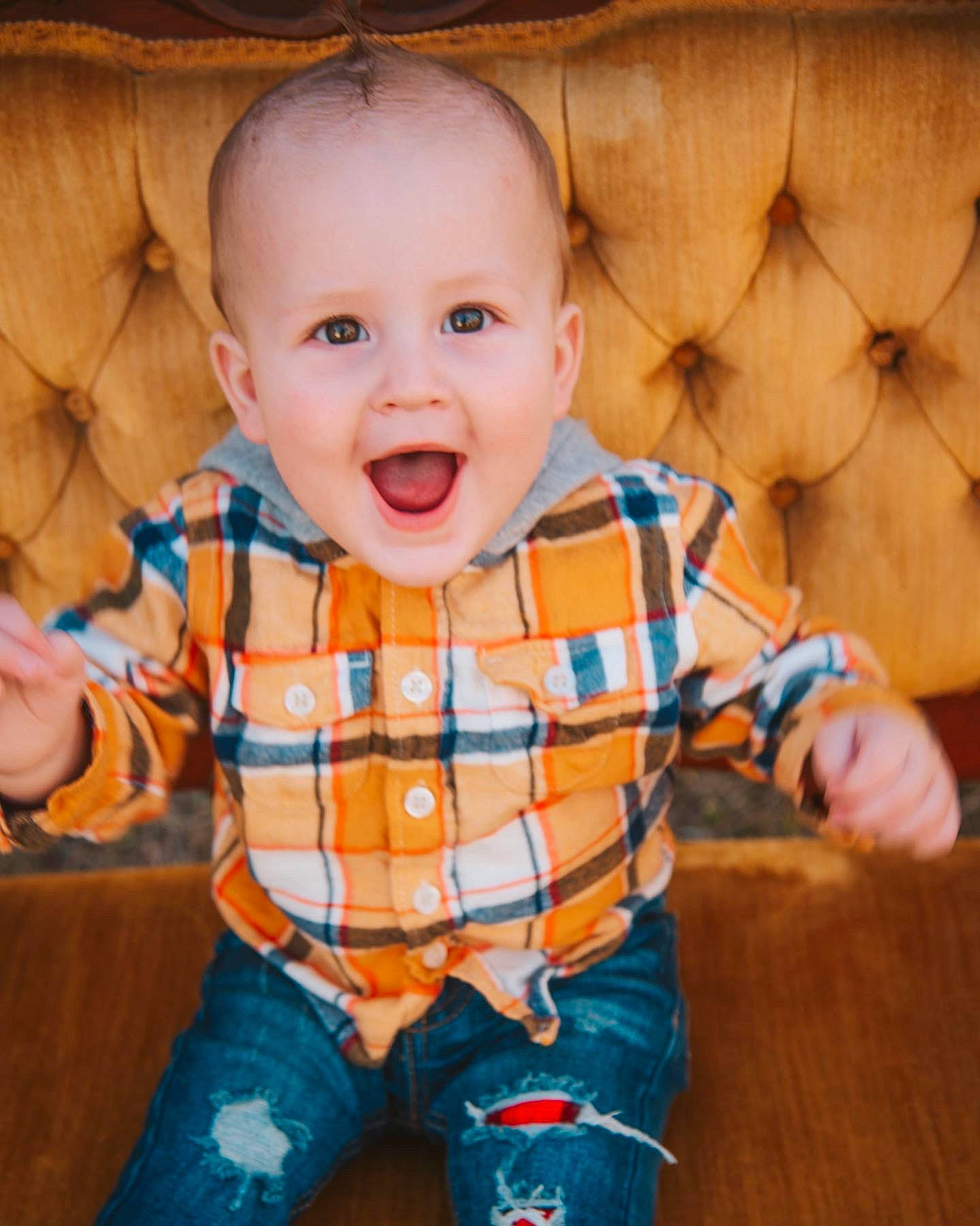 Bellamy joined the competition — help win amazing prizes! baby, baby_toddler_clothing, cheek, chin, comfort, cool, eye, finger, hair, happy, head, human_body, iris, mouth, nose, orange, person, skin, sleeve, smile