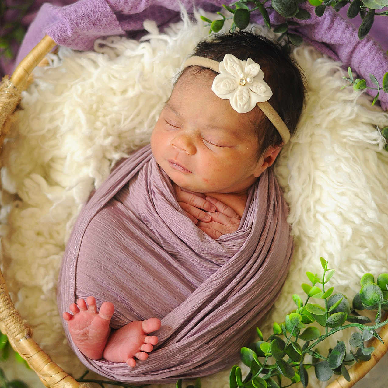 Royalty is registered to the contest to win money with this photo: newborn, baby, sleeping, basket, blanket, headband, flower, wrapped, cozy, soft, purple, greenery, feet, hands, portrait, infant, cute, peaceful, resting, indoors