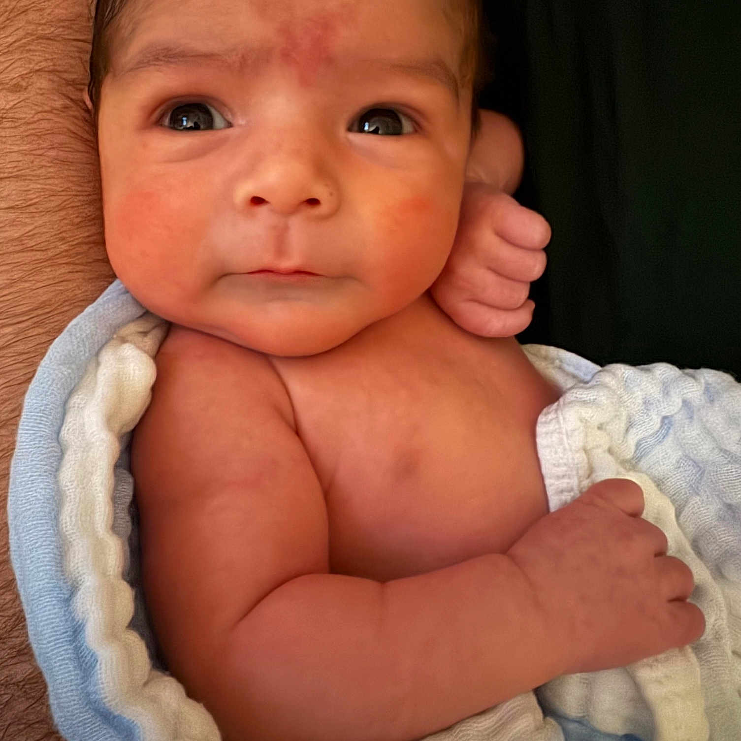 Francis is registered to the contest to win money with this photo: arm, baby, blanket, child, closeup, curious, cute, expression, face, fingers, hand, human, infant, newborn, portrait, resting, skin, sleepwear, soft, wrapped