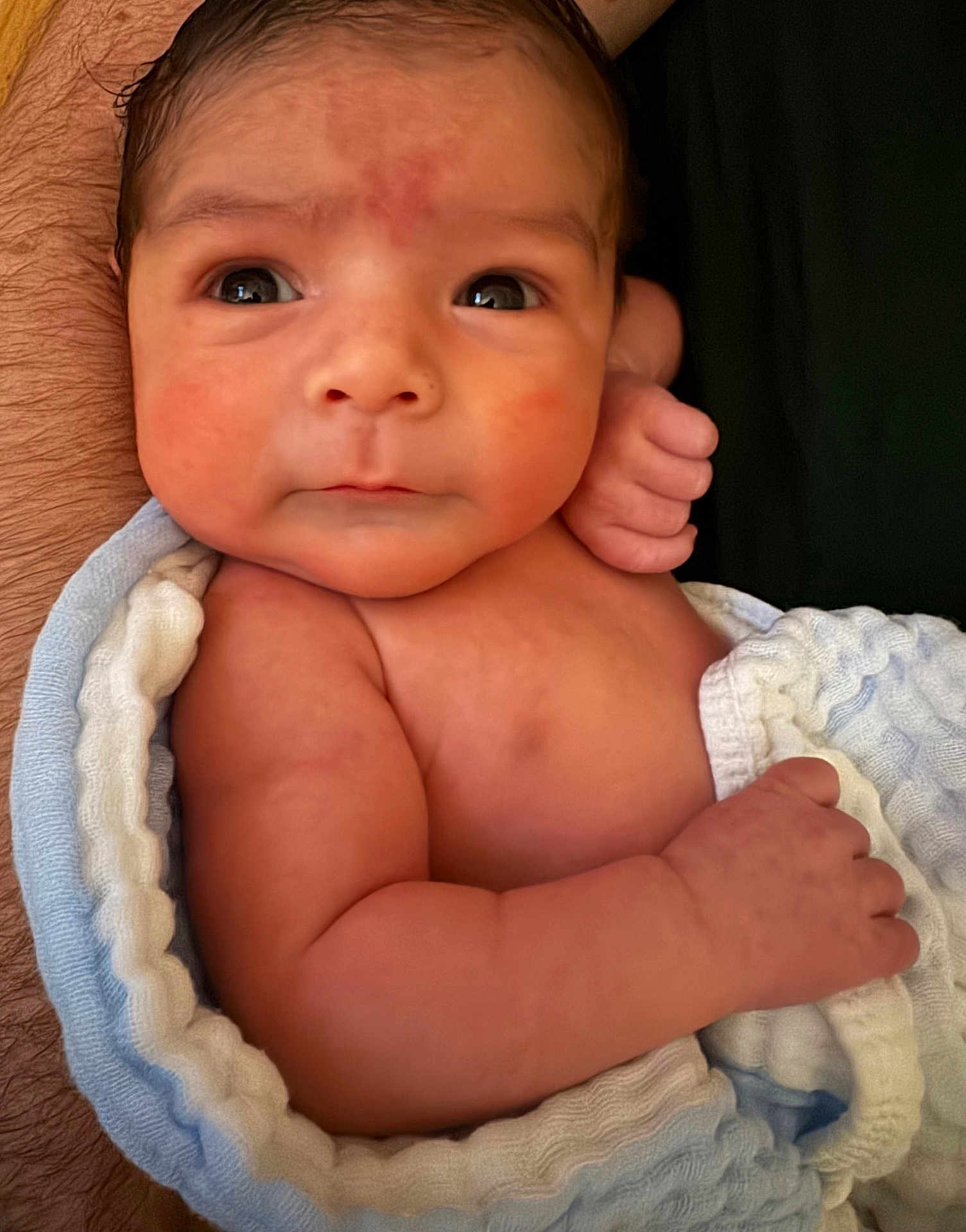 Francis is registered to the contest to win money with this photo: arm, baby, blanket, child, closeup, curious, cute, expression, face, fingers, hand, human, infant, newborn, portrait, resting, skin, sleepwear, soft, wrapped