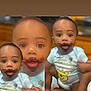 baby, child, chocolate, face, messy, cute, expression, holding, blue_shirt, bear_graphic, collage, indoor, person, young_child, smiling, adorable, portrait, hands, happy, playful