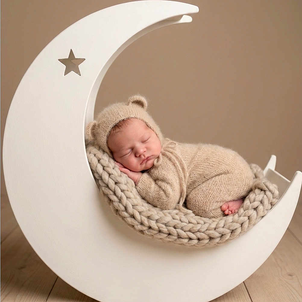 Dante joined the competition — help win amazing prizes! newborn, baby, sleeping, infant, portrait, moon_cradle, hammock, knitted_blanket, bear_hat, beige, cozy, indoor, wooden_floor, studio_photography, peaceful, curled_up, cute, nursery, soft_lighting, cradle