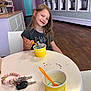 Bella joined the competition — help win amazing prizes! child, girl, frozen_yogurt, yellow_cup, spoon, table, keys, keychain, smile, indoor, floor, purple_wall, modern_interior, wood_floor, beads, happy, long_hair, person, food, dessert
