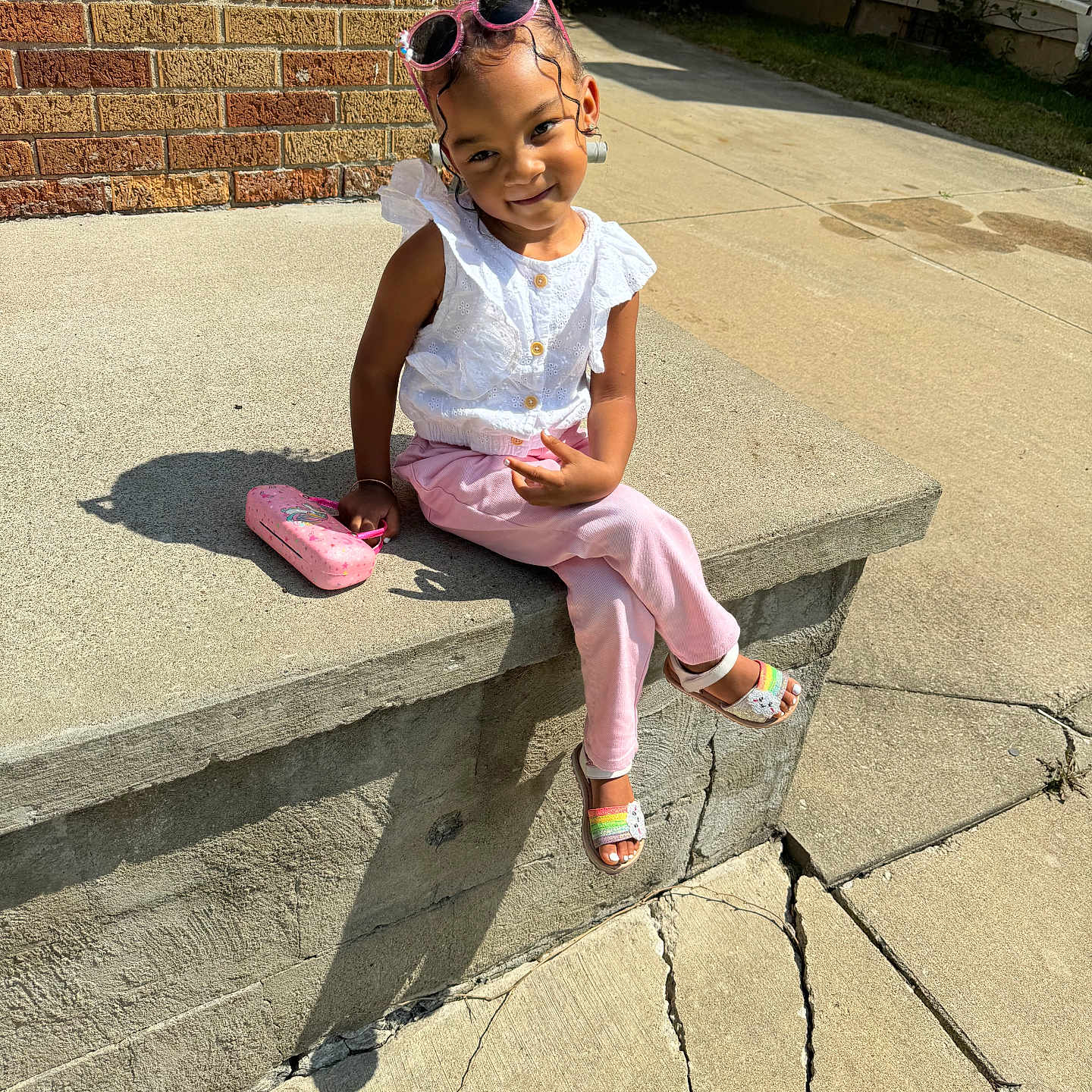 Dzyire joined the competition — help win amazing prizes! accessories, child, clothing, face, female, flagstone, footwear, girl, head, pants, path, person, photography, portrait, shoe, sitting, slate, summer, sunglasses, walkway