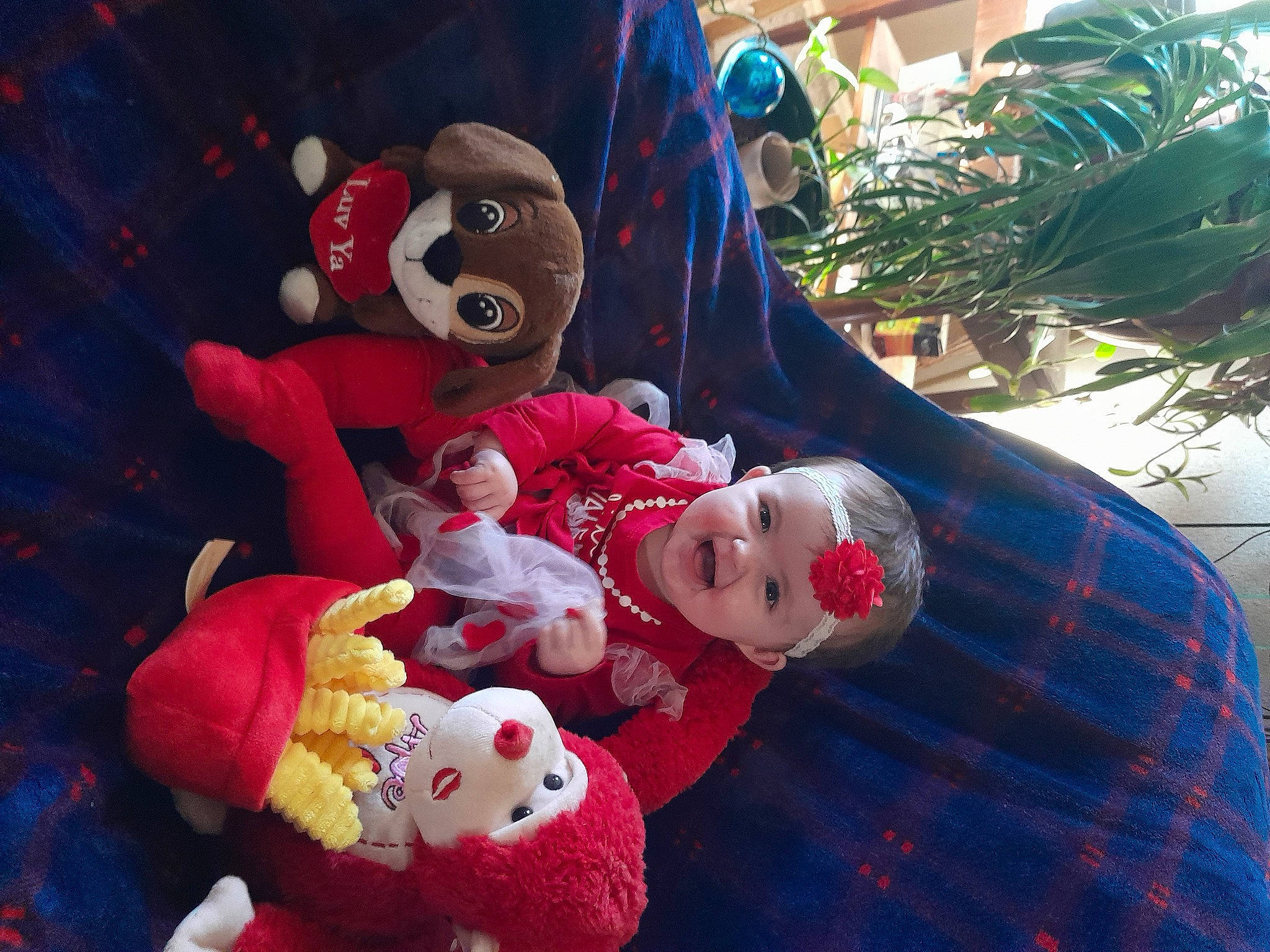 Lily is registered to the contest to win money with this photo: carmine, christmas_eve, event, fictional_character, fun, happy, holiday, joy, leisure, mammal, pattern, person, plaid, plant, plush, red, stuffed_toy, tartan, toddler, toy