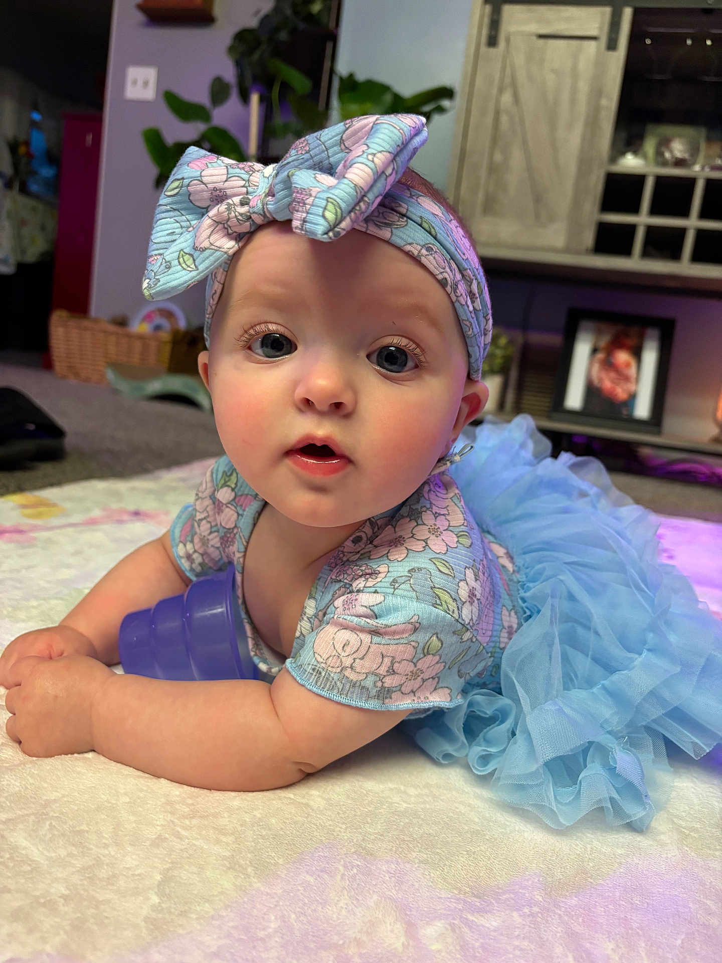 Rowan is registered to the contest to win money with this photo: baby, infant, blue_outfit, headband, bow, toy, indoor, carpet, plant, furniture, picture_frame, curtains, face, eyes, expression, toddler, child, person, cute, soft_lighting