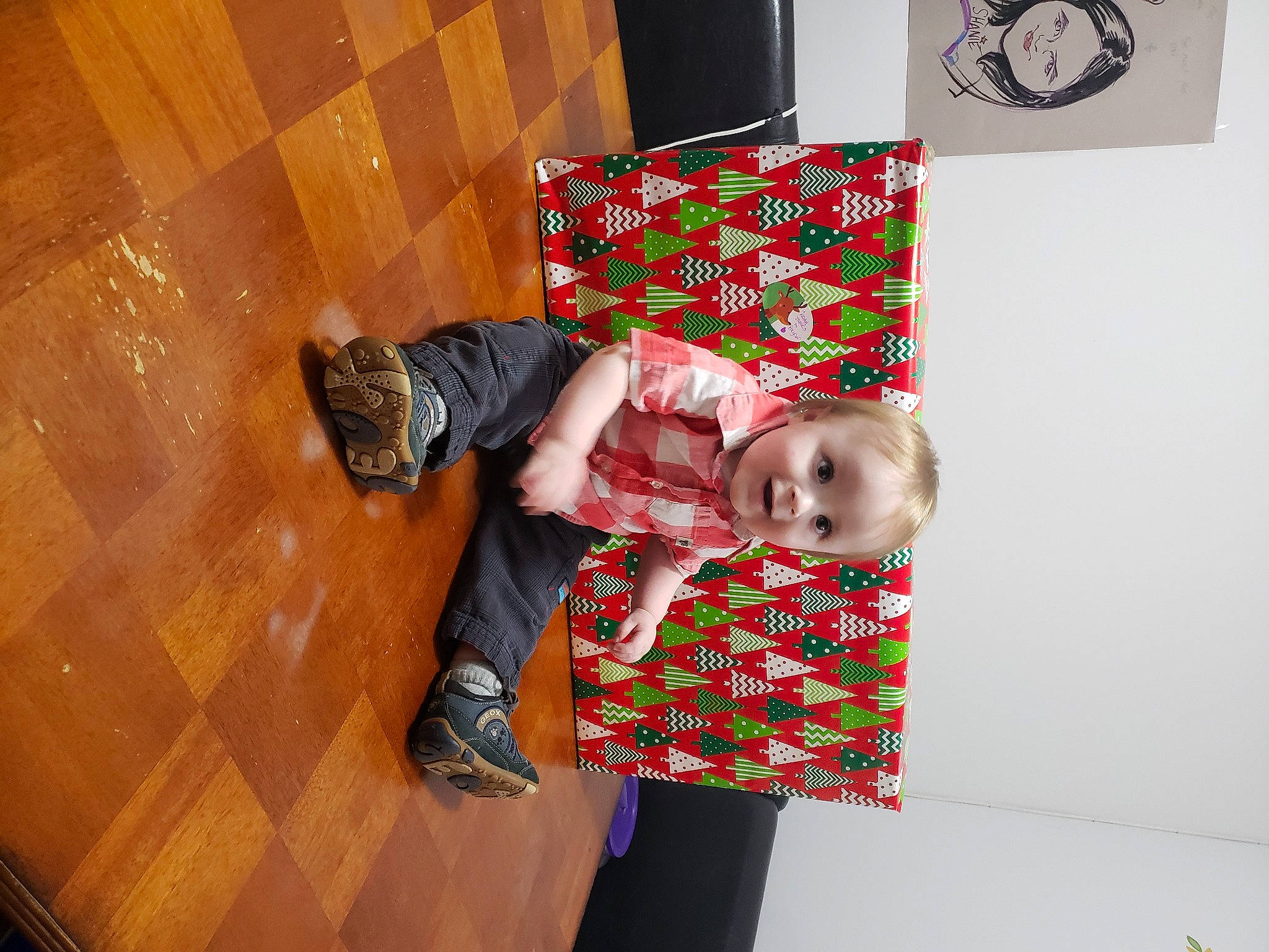 Noah-james participe au concours pour gagner de l'argent avec cette photo : child, event, floor, flooring, fun, happy, hardwood, holiday, leisure, mammal, pattern, person, plaid, play, room, sitting, sock, tartan, textile, toddler