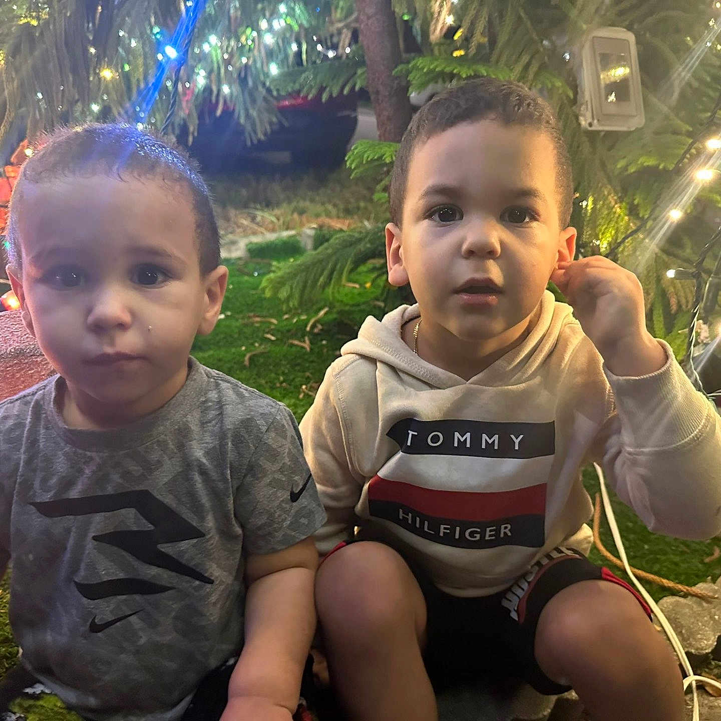 Dylan Galindo is registered to the contest to win money with this photo: candid, casual_clothing, children, christmas_lights, curious_expression, festive, grass, greenery, holiday_decor, hoodie, illumination, night, outdoor, portrait, shorts, sitting, tshirt, twinkling_lights, two_boys, young_children