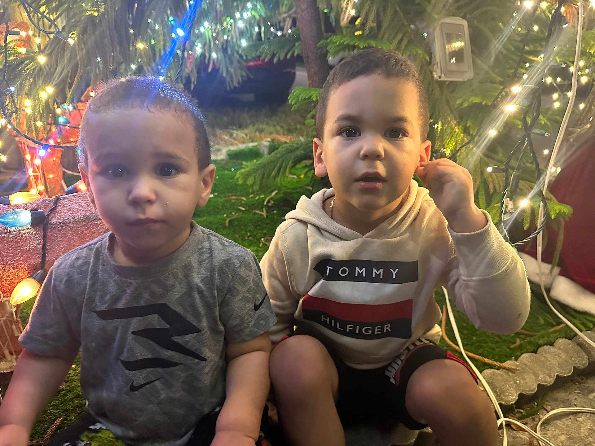 Dylan Galindo is registered to the contest to win money with this photo: two_boys, children, christmas_lights, holiday_decor, outdoor, night, greenery, hoodie, tshirt, shorts, curious_expression, festive, sitting, grass, candid, portrait, young_children, casual_clothing, illumination, twinkling_lights