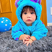 Ian Gael joined the competition — help win amazing prizes! baby, balloon, blue, bracelet, child, close_up, costume, cute, hands, home, hoodie, indoor, large_eyes, portrait, purple, rug, serious_expression, sitting, toddler, wooden_door