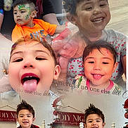 Braxton is registered to the contest to win money with this photo: child, smiling, tongue_out, face_paint, adult, glasses, holiday_decorations, christmas_tree, red_clothing, plaid, collage, portrait, indoor, family, happy, silly_face, person, home, text_overlay, decor