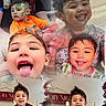 child, smiling, tongue_out, face_paint, adult, glasses, holiday_decorations, christmas_tree, red_clothing, plaid, collage, portrait, indoor, family, happy, silly_face, person, home, text_overlay, decor