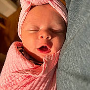 Victoria joined the competition — help win amazing prizes! baby, newborn, sleeping, pink_blanket, pink_headwrap, infant, face, closed_eyes, soft_texture, cozy, wrapped, cute, peaceful, portrait, indoor, child, person, newborn_baby, sleep, rest