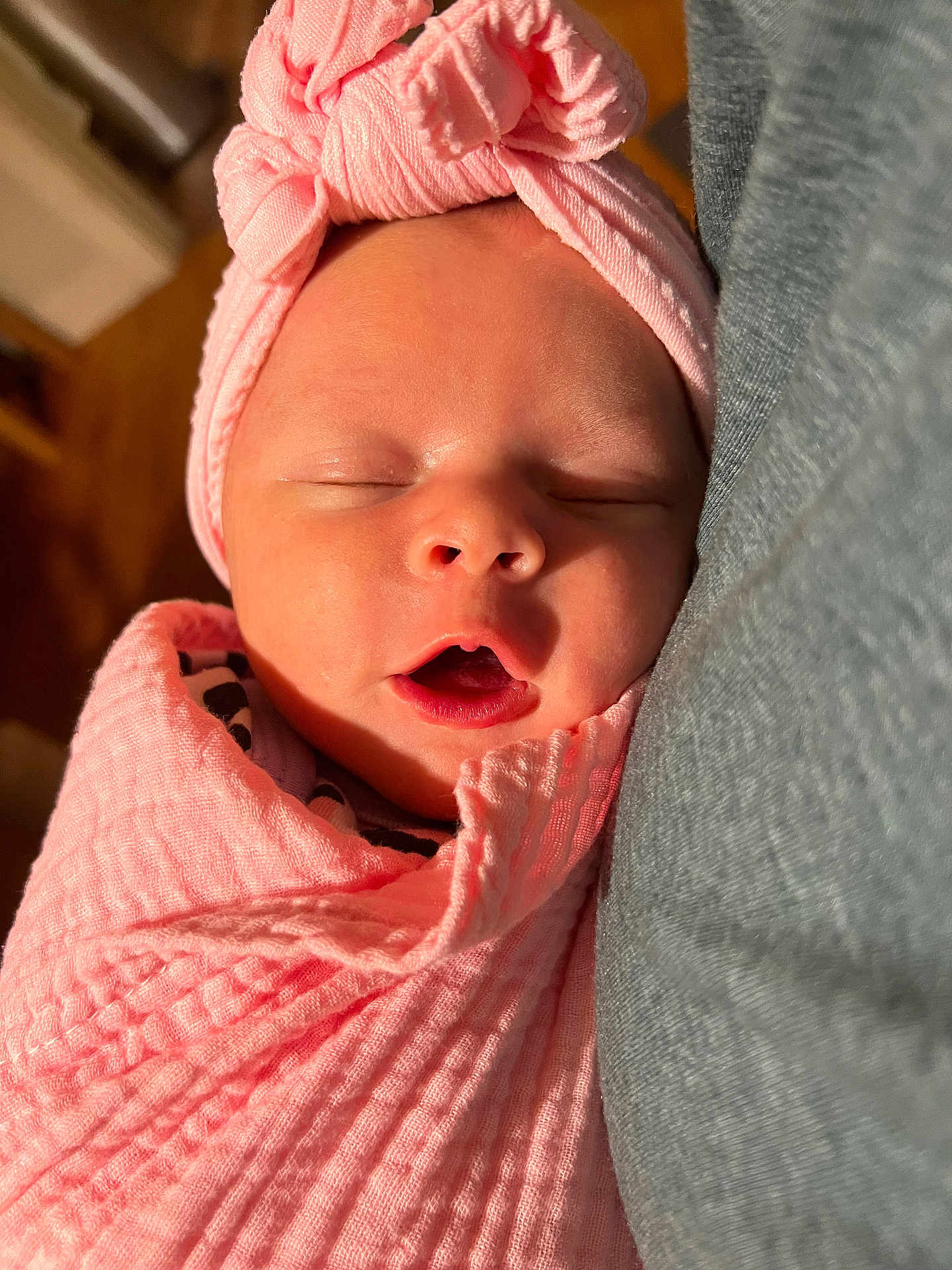 Victoria joined the competition — help win amazing prizes! baby, newborn, sleeping, pink_blanket, pink_headwrap, infant, face, closed_eyes, soft_texture, cozy, wrapped, cute, peaceful, portrait, indoor, child, person, newborn_baby, sleep, rest