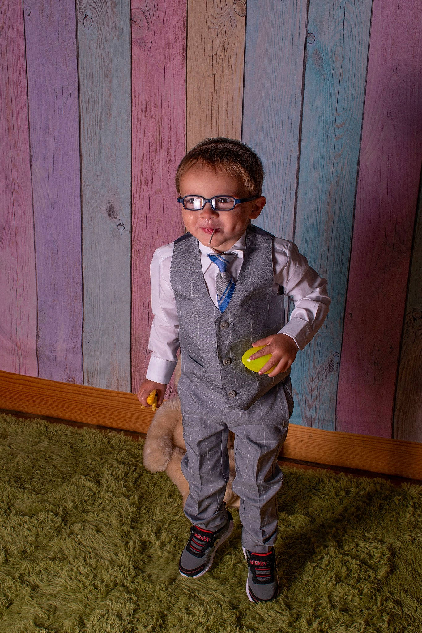 James joined the competition — help win amazing prizes! blazer, child, denim, door, dress_shirt, electric_blue, eyewear, floor, flooring, formal_wear, fun, happy, hardwood, hat, person, purple, soil, suit, toddler, vision_care