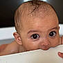 Isaac a rejoint le concours — aidez-le/la à gagner de superbes lots ! baby, infant, close_up, face, eyes, bathtub, water, skin, curious, nibbling, droplets, hand, wet, child, cute, portrait, indoor, young, head, expression