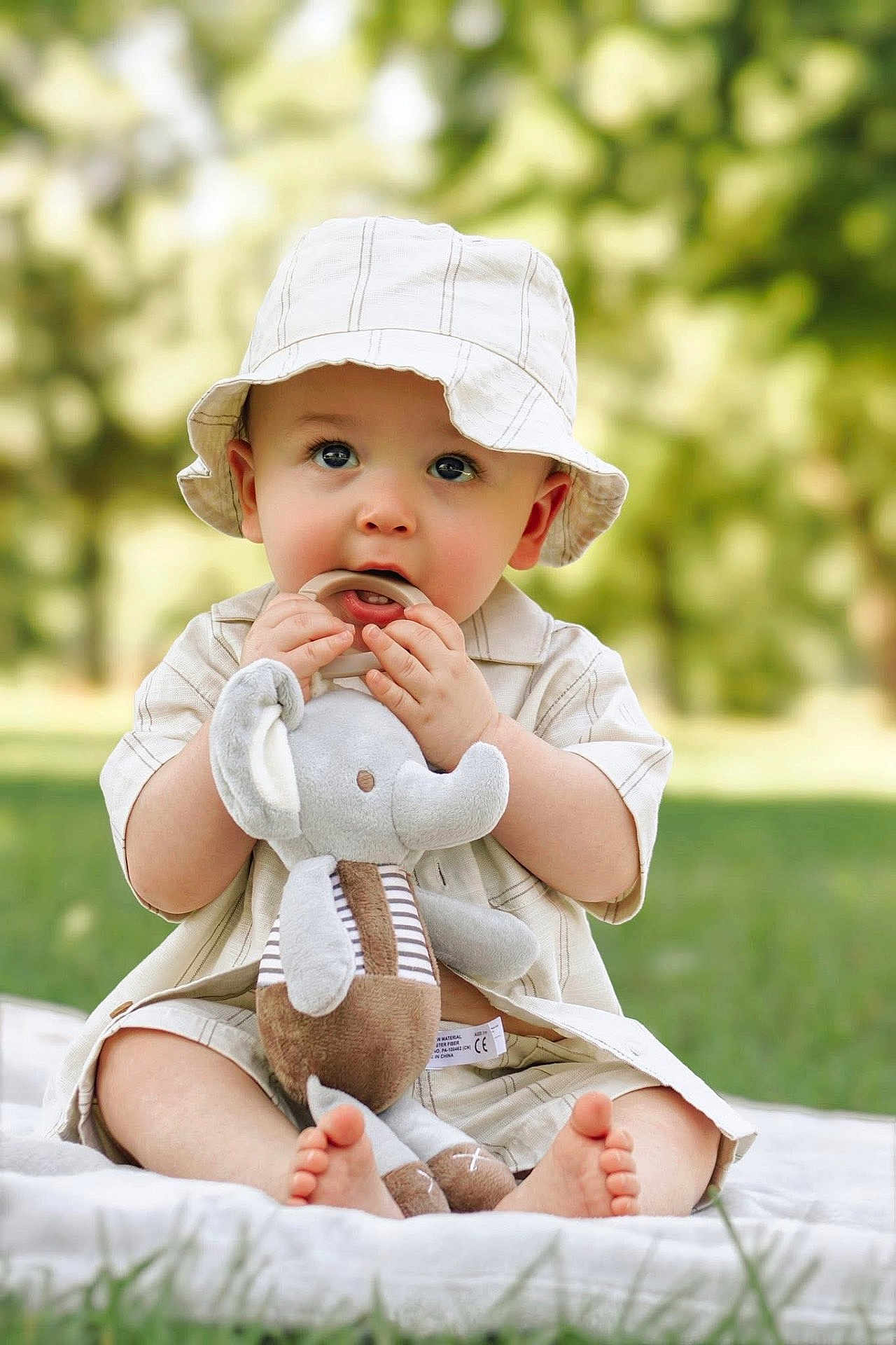 Josiah is registered to the contest to win money with this photo: baby, child, hat, plush_toy, elephant_toy, outdoor, grass, blanket, cute, curious, sitting, soft_toy, clothing, toes, young_child, nature, portrait, summer, innocent, playful