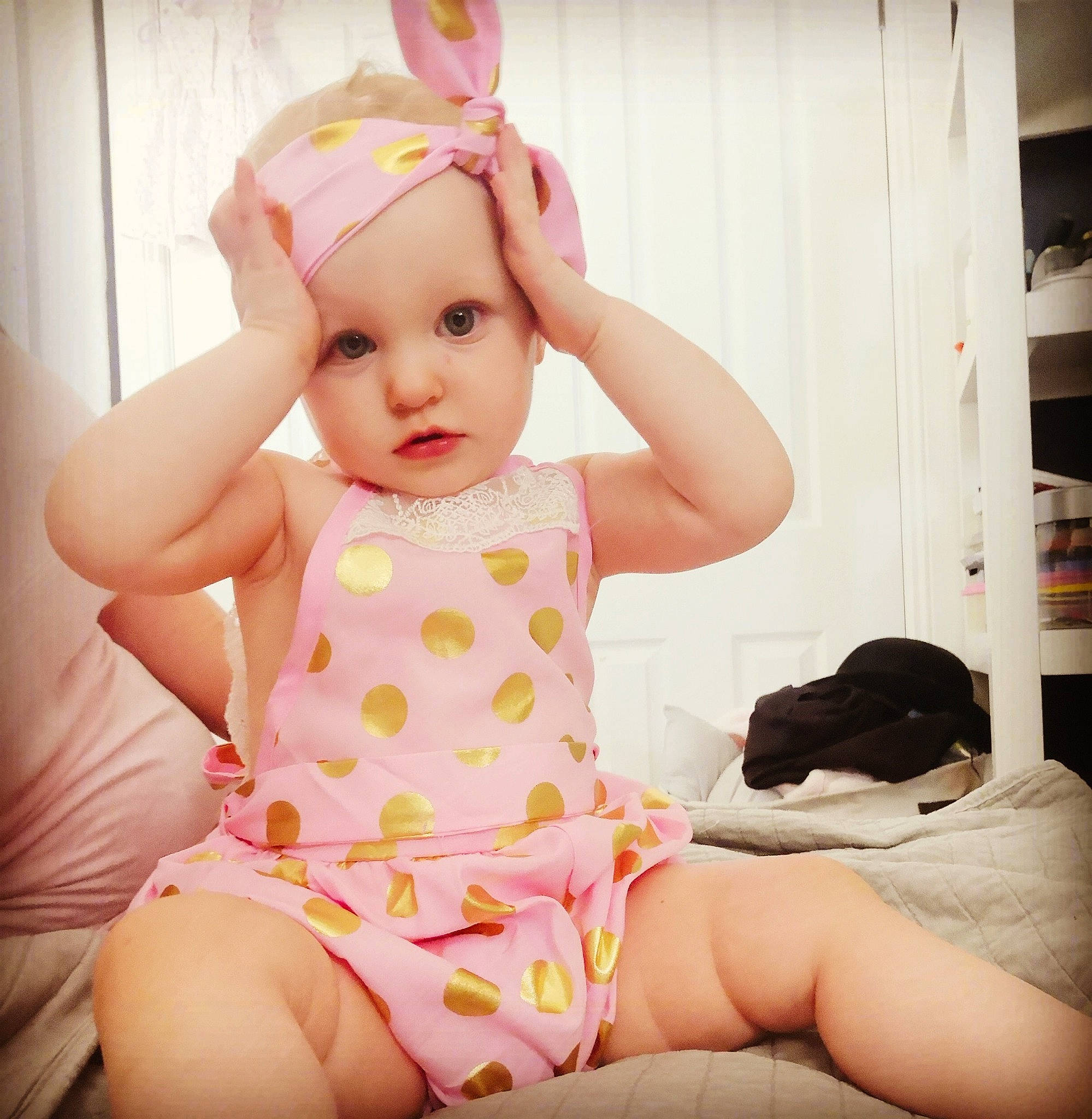 Edith joined the competition — help win amazing prizes! baby, baby_toddler_clothing, beauty, cheek, child, clothing, design, dress, eye, hair_accessory, hand, headband, headgear, pattern, person, pink, polka_dot, product, sitting, skin