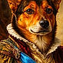 dog, portrait, painting, regal, ruff_collar, sash, jewelry, medallion, fur, ears, eyes, nose, ornate_clothing, velvet, gold_trim, renaissance_style, aristocrat, studio_lighting, close_up, humor