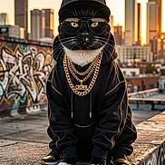 Katrina joined the competition — help win amazing prizes! baseball_cap, black_and_white, cat, city, fashion, gold_chain, graffiti, hoodie, humorous, necklace, portrait, rooftop, skyline, sneakers, streetwear, sunglasses, sunset, text_overlay, tuxedo_cat, urban