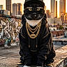 baseball_cap, black_and_white, cat, city, fashion, gold_chain, graffiti, hoodie, humorous, necklace, portrait, rooftop, skyline, sneakers, streetwear, sunglasses, sunset, text_overlay, tuxedo_cat, urban