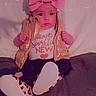 Jojo joined the competition — help win amazing prizes! baby, infant, child, portrait, sitting, bow, headband, pink, vest, jacket, shoes, polka_dot, clothing, smiling, indoor, blanket, couch, heart, sticker, photography