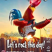 Rambo joined the competition — help win amazing prizes! bird, cartoon_style, chicken, colorful, digital_art, electric_guitar, farm, feathers, fence, guitar, morning, music, musician, outdoor, red_comb, rock_and_roll, rooster, social_media_screenshot, sunrise, text_overlay