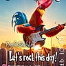 bird, cartoon_style, chicken, colorful, digital_art, electric_guitar, farm, feathers, fence, guitar, morning, music, musician, outdoor, red_comb, rock_and_roll, rooster, social_media_screenshot, sunrise, text_overlay