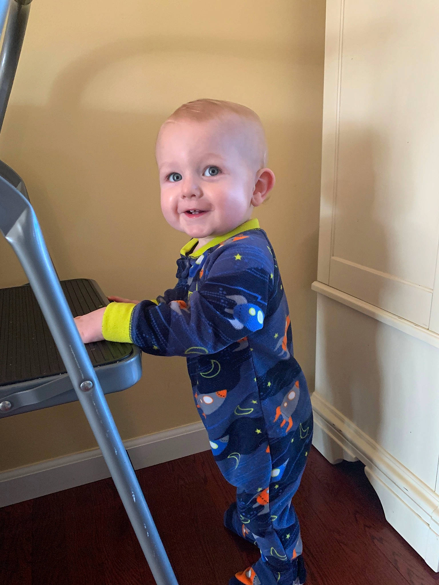 Aidan is registered to the contest to win money with this photo: baby, child, electric_blue, person, product, standing, toddler