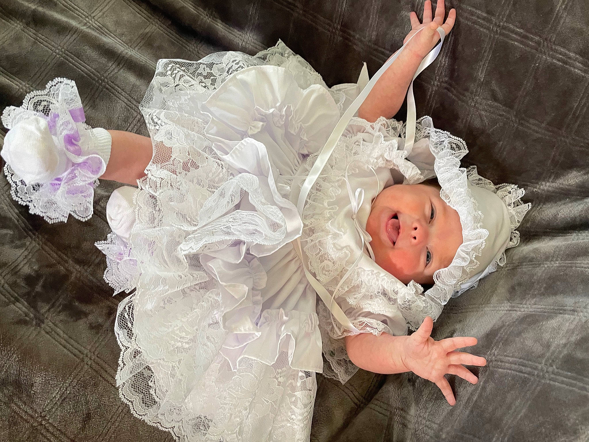 Aylah joined the competition — help win amazing prizes! arm, baby, baby_toddler_clothing, bridal_accessory, bridal_clothing, comfort, dress, embellishment, event, flash_photography, gown, hand, happy, headpiece, headwear, person, petal, pink, product, textile