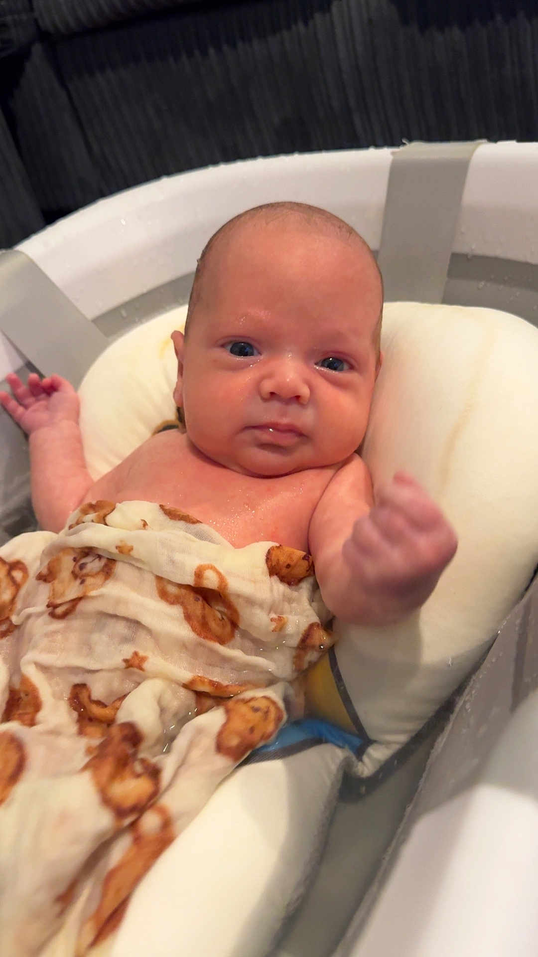 Ronnie joined the competition — help win amazing prizes! animal_print, baby, bath, bathtub, blue_eyes, child, comfort, cushion, cute, expression, face, fist, hand, indoors, infant, newborn, skin, towel, water, wet
