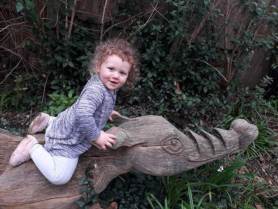 Shylah joined the competition — help win amazing prizes! child, fawn, grass, leaf, person, plant, sitting, smile, toddler, tree, tree_stump, trunk, wood, woodland