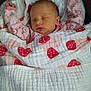 Evie joined the competition — help win amazing prizes! baby, blanket, sleeping, newborn, infant, pink_clothing, pattern, strawberry, cozy, wrapped, arms_up, closed_eyes, soft_texture, cute, peaceful, child, bedtime, resting, fabric, portrait
