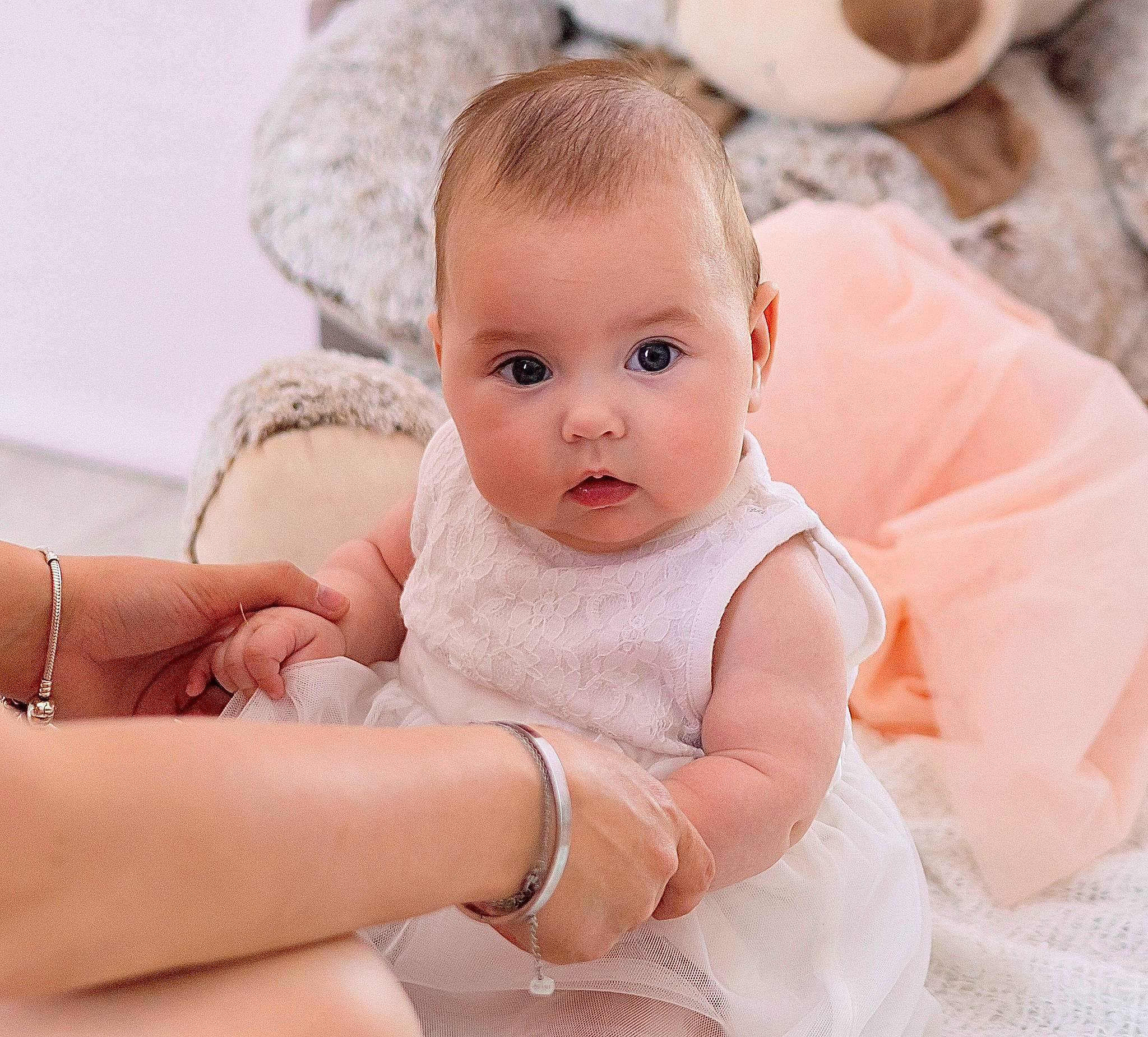 Eléna participe au concours pour gagner de l'argent avec cette photo : baby, baby_toddler_clothing, cheek, comfort, dress, eye, face, flash_photography, gesture, happy, head, human_body, iris, leg, lip, person, pink, product, skin, stomach